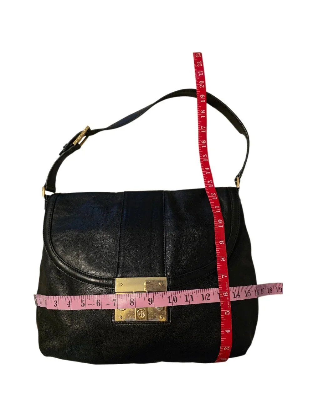 Tory Burch Black Leather Black Shoulder Bag Gold Logo Hobo Flap Purse